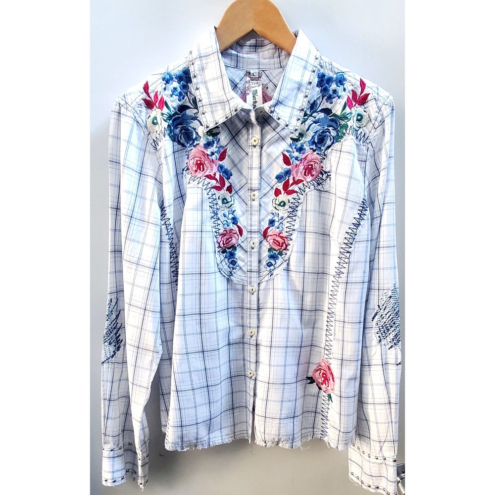 3J Workshop Johnny Was L Plaid Shirt Embroidery Rose Western Cowgirl Raw Hem L/S - Picture 3 of 16